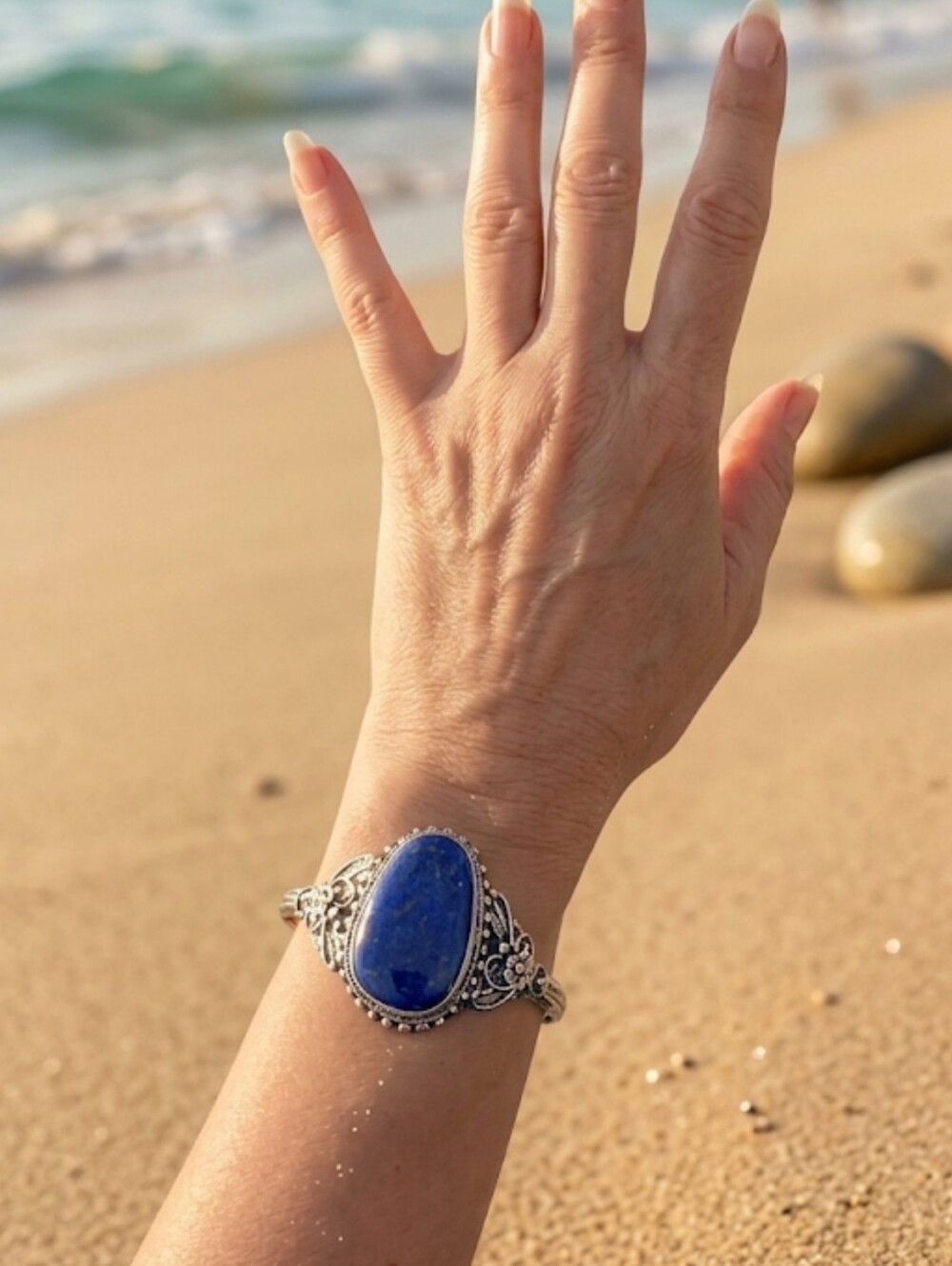 Estate Lapis Cuff Gemstone Bracelet Sterling Silver 925